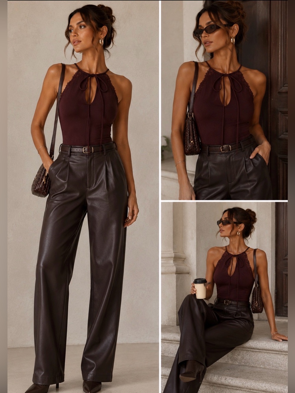 MARCIANO Sleeveless Lace-Trim Halter BODYSUIT in Dusty Plum
